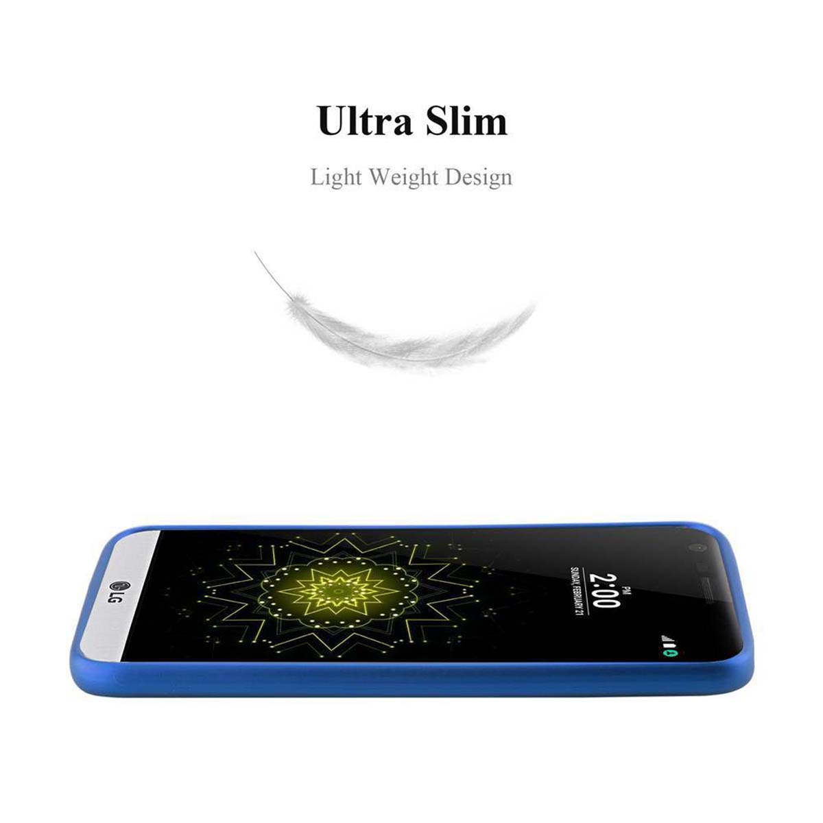 Ein blaues Telefon auf weißer Oberfläche mit einer Feder darüber. Text: 'Ultra Slim - Light Weight Design'.
