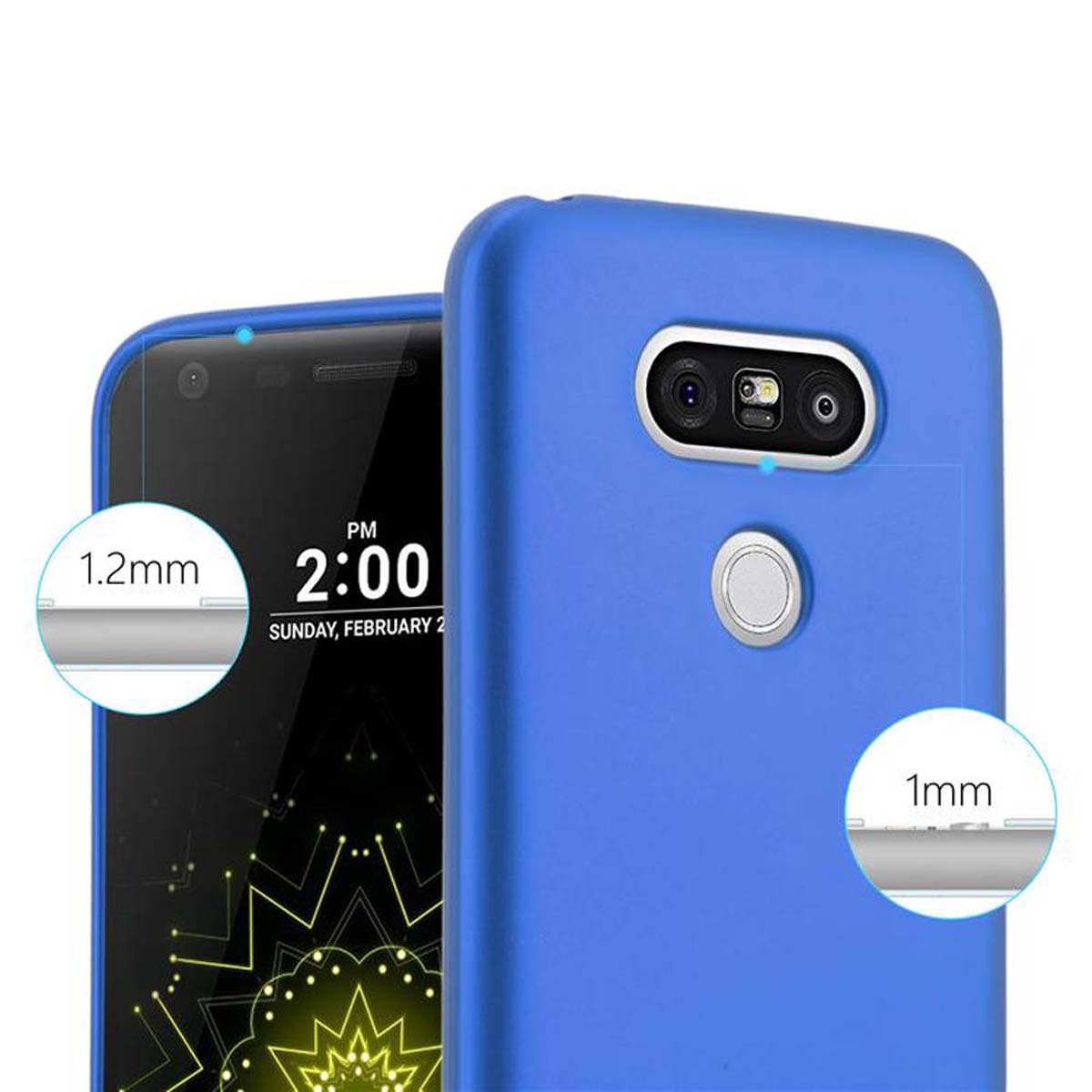 Blaue Handyhülle neben einem schwarzen Telefon, das Uhrzeit und Datum anzeigt. 1,2 mm und 1 mm Details werden angezeigt.