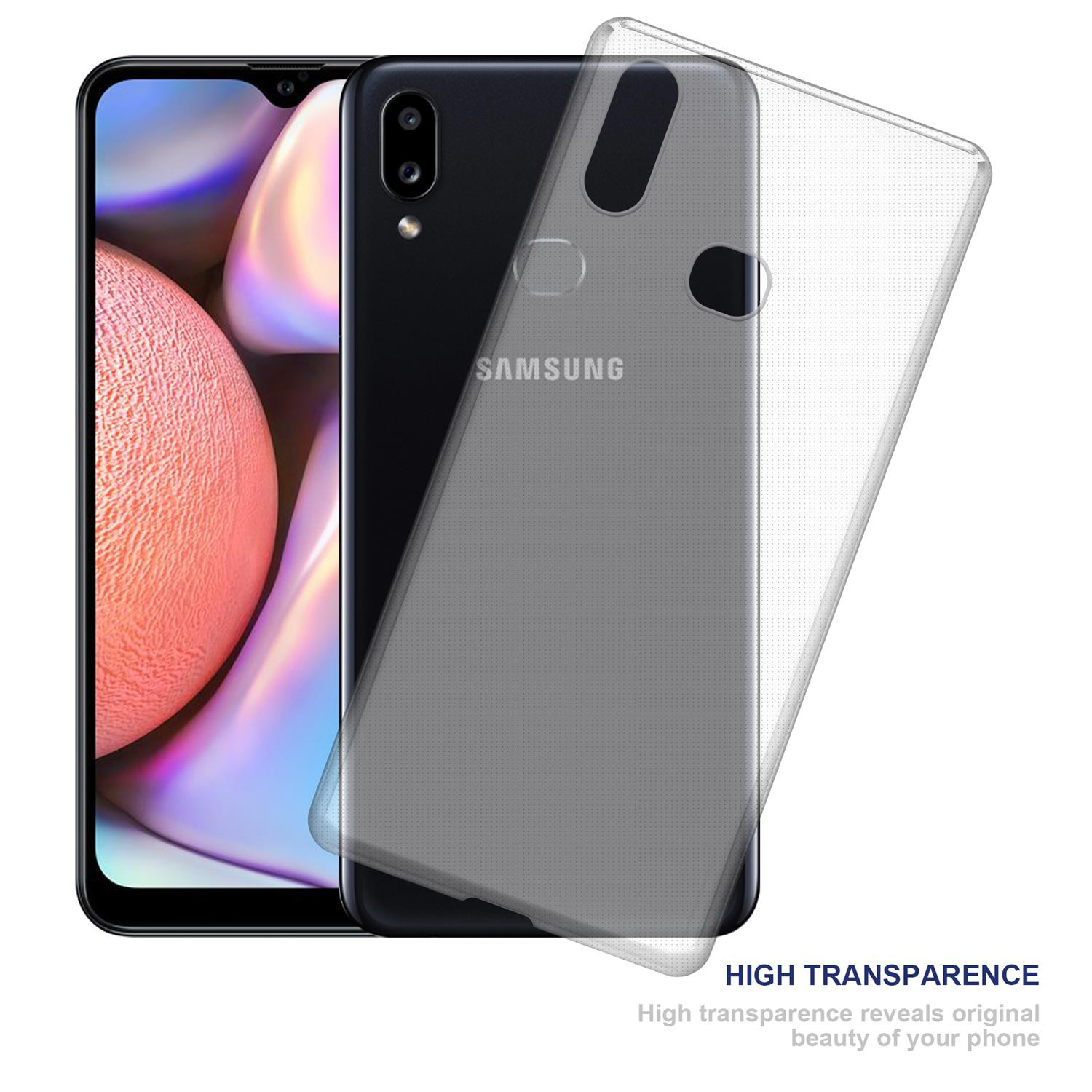 Telefono Samsung con custodia trasparente. La parte posteriore del telefono è visibile con il logo Samsung.