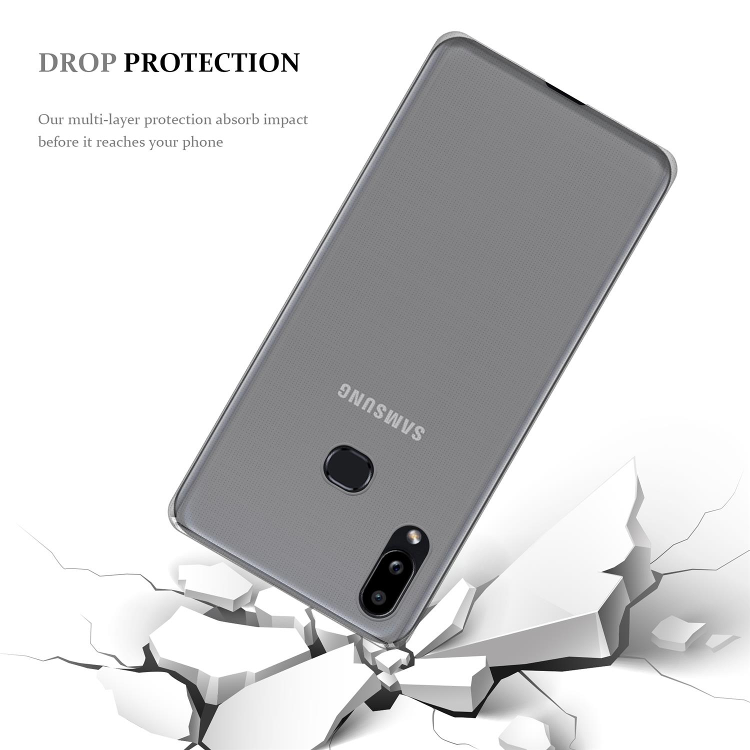 Una custodia grigia per telefono su una superficie bianca incrinata con la scritta SAMSUNG.
