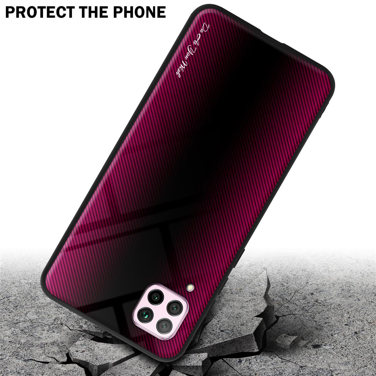 Handyhülle mit pinkem und schwarzem Carbonfaser-Design. Das Telefon liegt auf einer zerbrochenen Betonoberfläche.