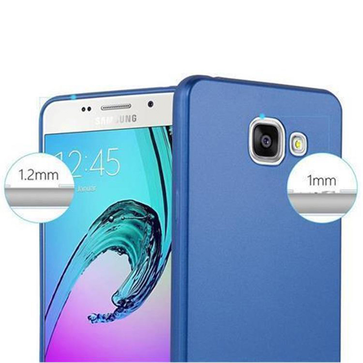 Eine blaue Handyhülle auf einem weißen Telefon. Der Text sagt '1,2 mm' und '1 mm', was die Dicke angibt.