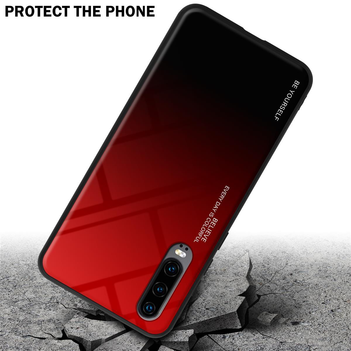 Schwarz-rotes Farbverlauf-Handycase. Text: Schützen Sie das Telefon. Case liegt auf einer zerbrochenen Oberfläche.
