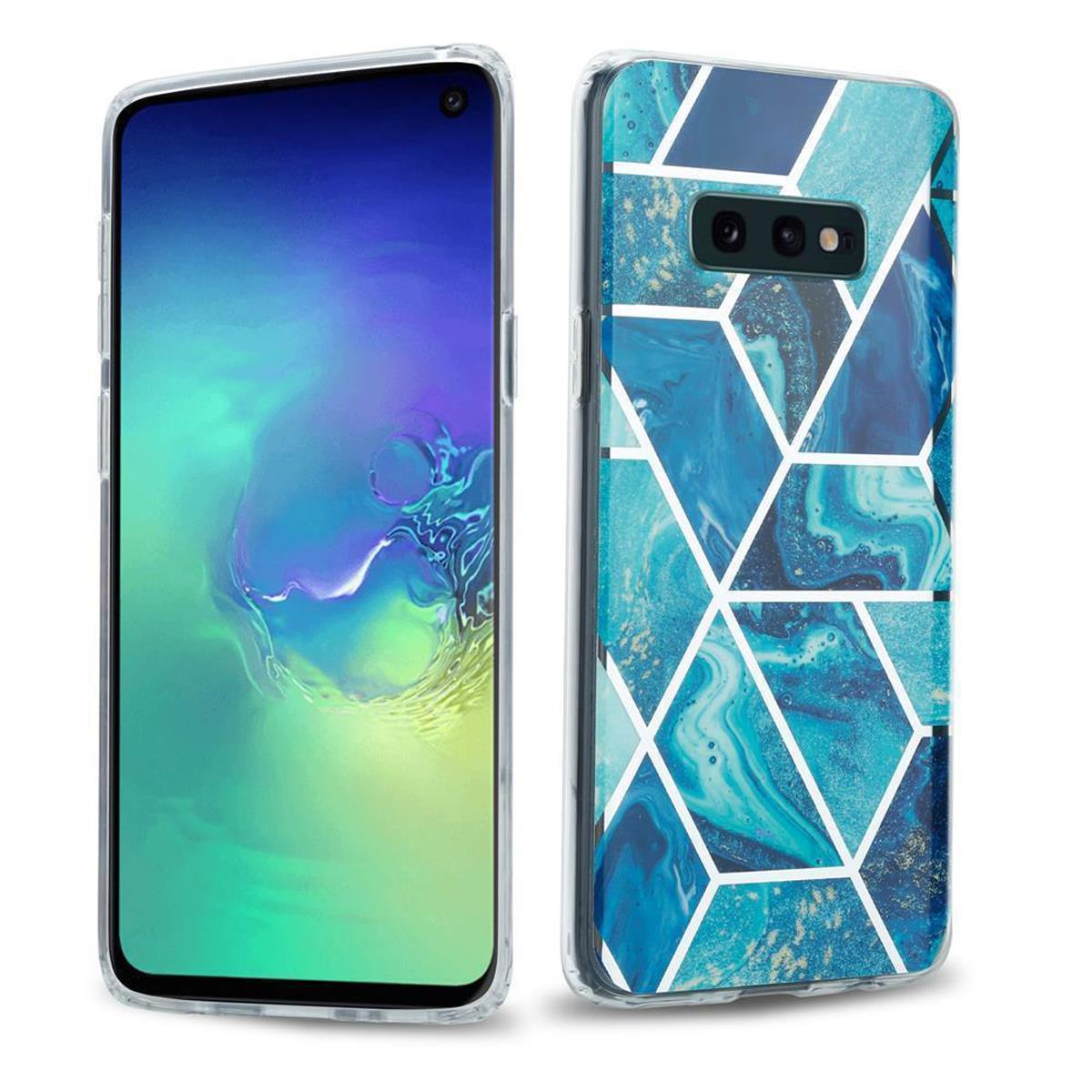 Custodia per telefono con design blu. La custodia è su un telefono. Il telefono ha uno schermo.