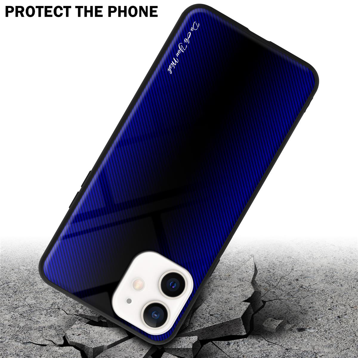 Una custodia con sfumatura blu e nera, appoggiata su un terreno crepato, protegge il telefono.