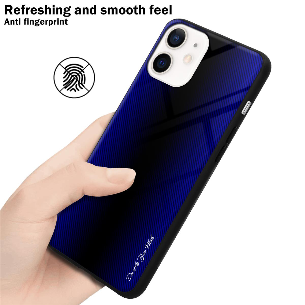 Una custodia per telefono blu e nera. Una mano tiene il telefono con le parole 'Do As You Will' stampate.