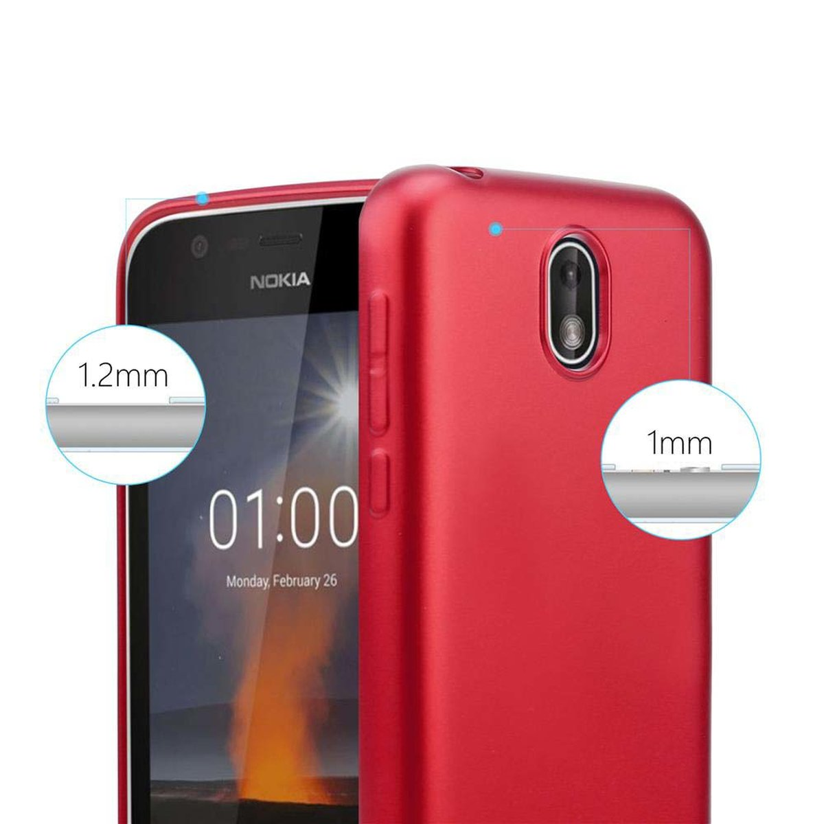 Rote Handyhülle neben einem Telefon. Das Telefon hat einen dunklen Bildschirm mit der Uhrzeit: 01:00. Text: 1,2 mm und 1 mm.