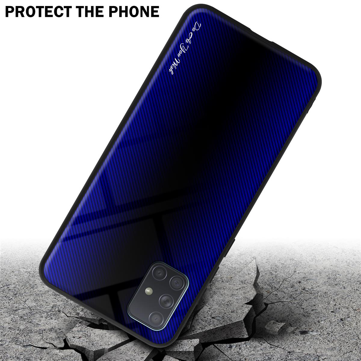 Ein Telefon mit einer blau-schwarzen Farbverlaufshülle auf einer gerissenen Betonoberfläche.
