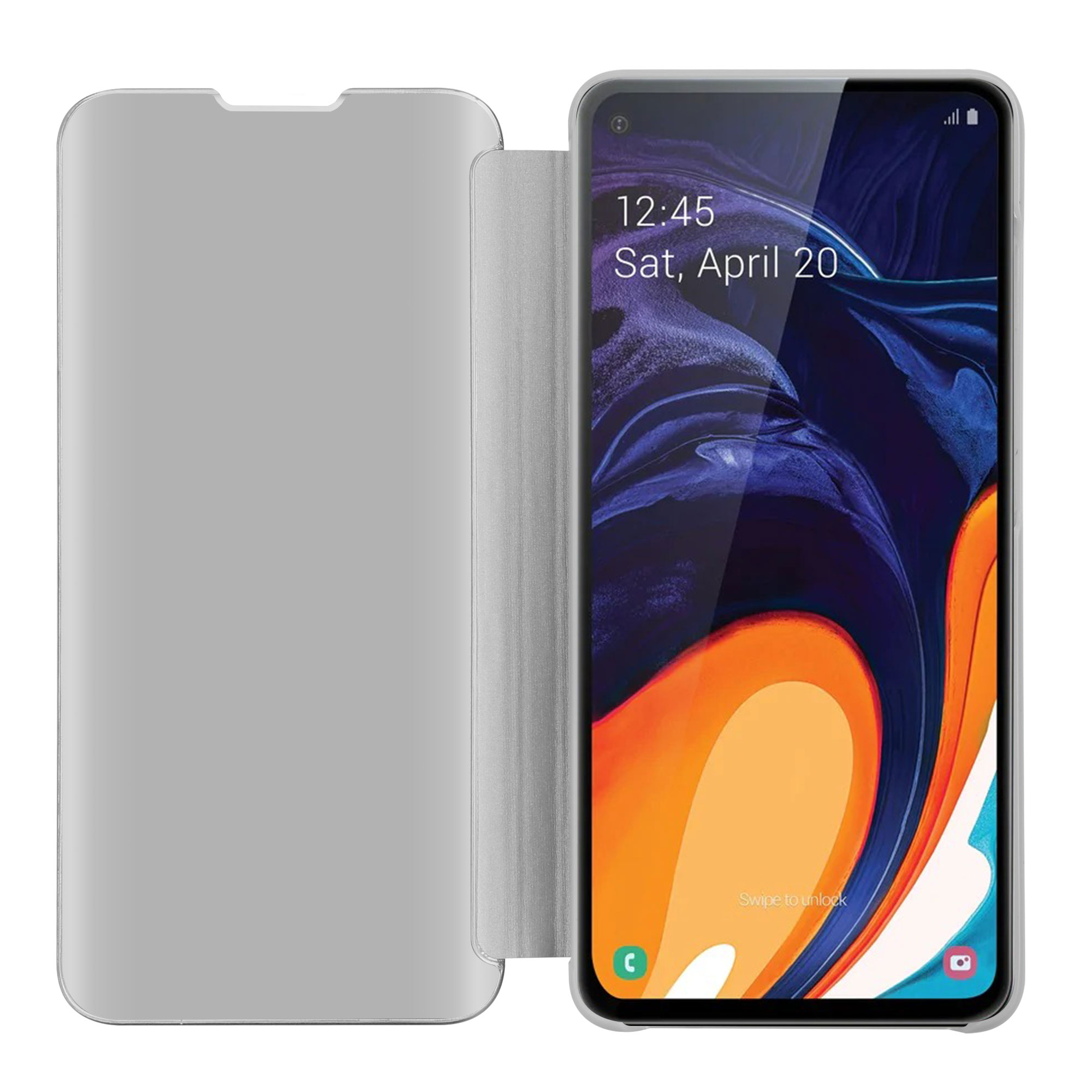 Eine Handyhülle in Silber, offen, zeigt das Telefon. Der Bildschirm zeigt Datum und Uhrzeit.