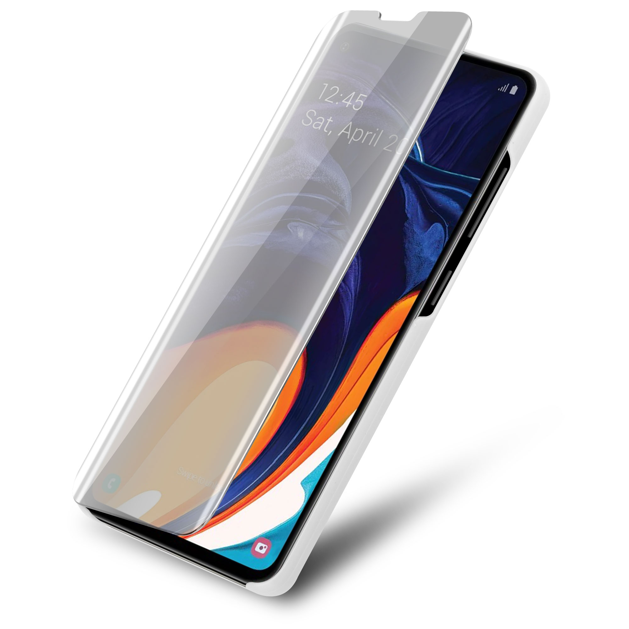 Telefon mit Displayschutzfolie. Das Telefon ist weiß und die Displayschutzfolie ist transparent.