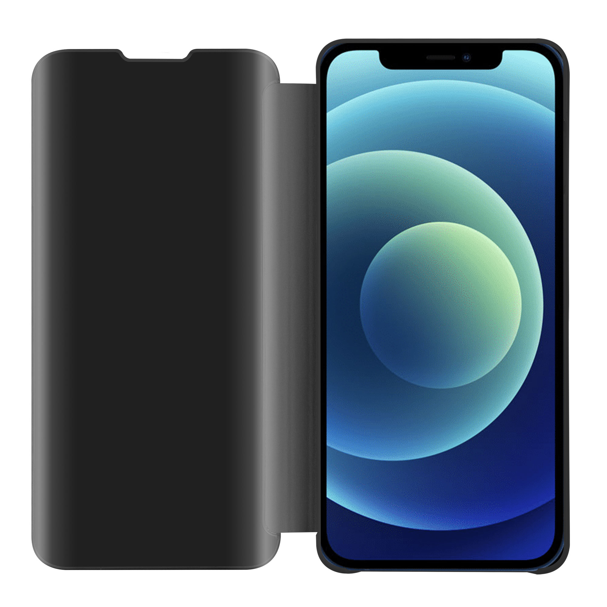 Schwarze Handyhülle offen, zeigt ein Telefon mit blauem Bildschirm.
