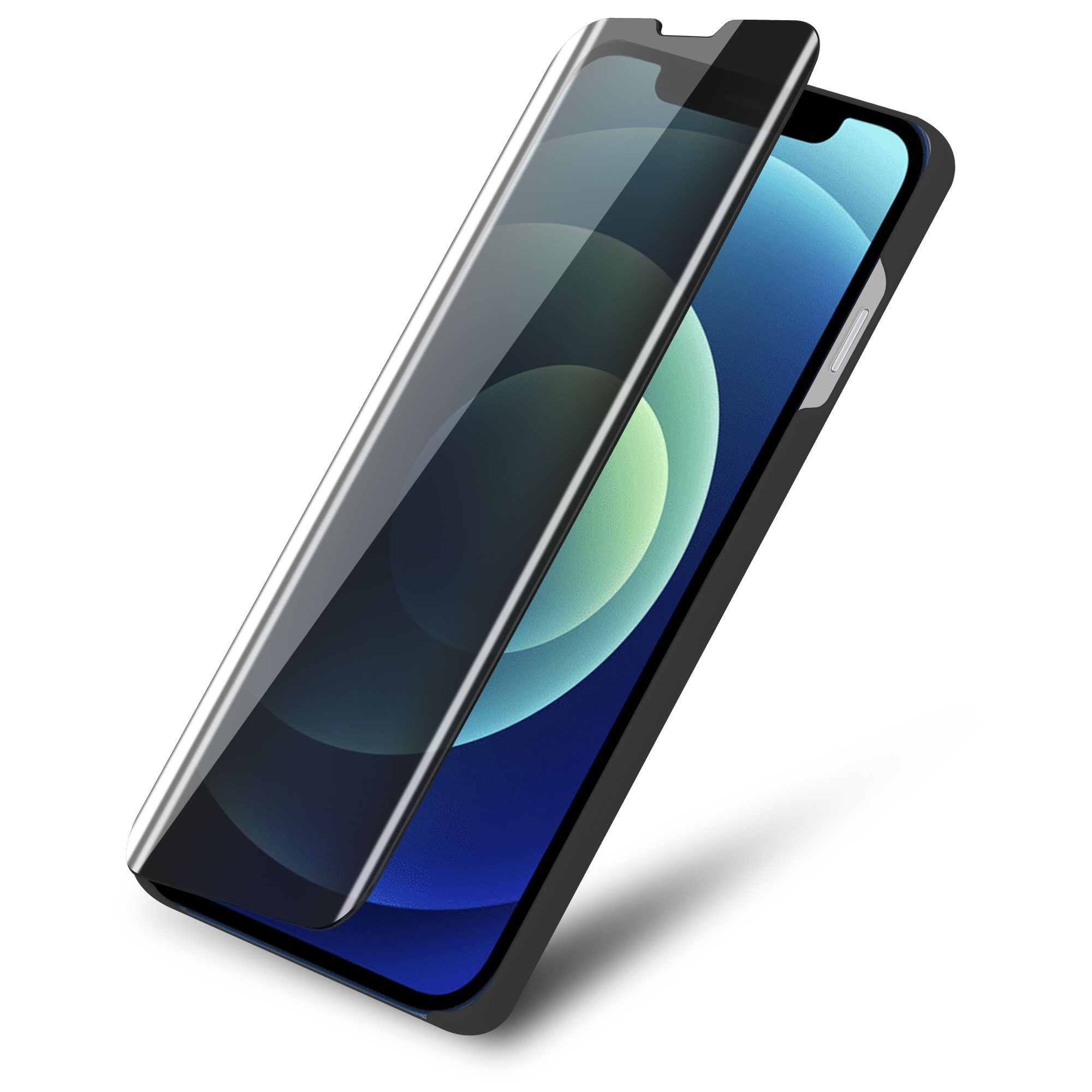 Ein Telefon mit angebrachter Displayschutzfolie. Das Telefon ist schwarz, der Schutz teilweise angebracht.