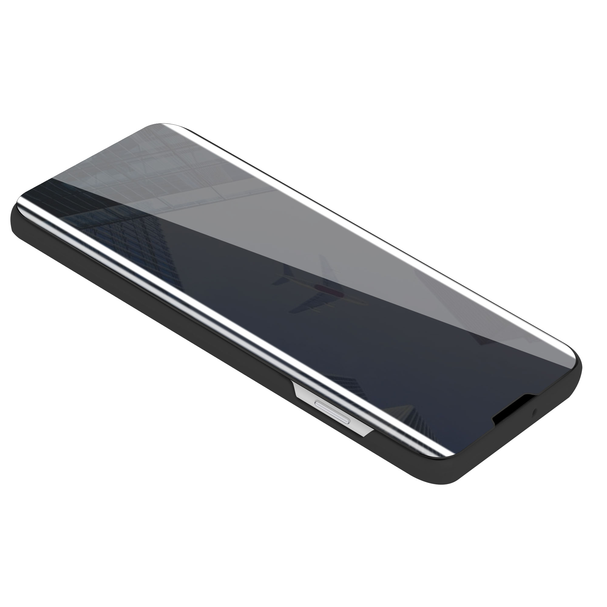 Schwarzes Telefon mit reflektierendem Bildschirm. Der Hintergrund ist auf dem Bildschirm sichtbar. Schwarze Ränder sind sichtbar.