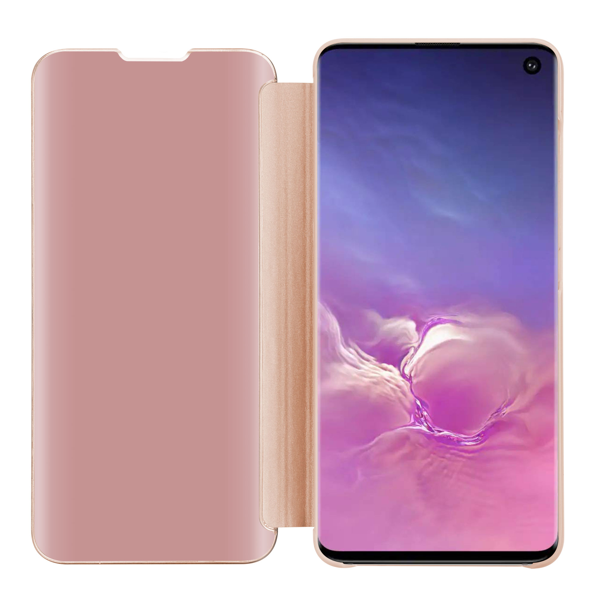Eine pinke Handyhülle ist geöffnet und zeigt einen Telefonbildschirm mit lila-blauem Hintergrund.