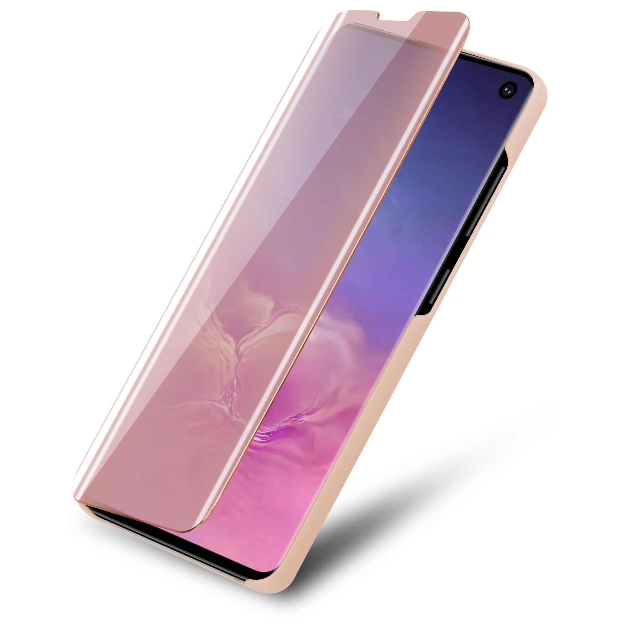 Roségoldene Handyhülle mit zur Seite geöffneter Abdeckung, die den Bildschirm des Telefons zeigt.