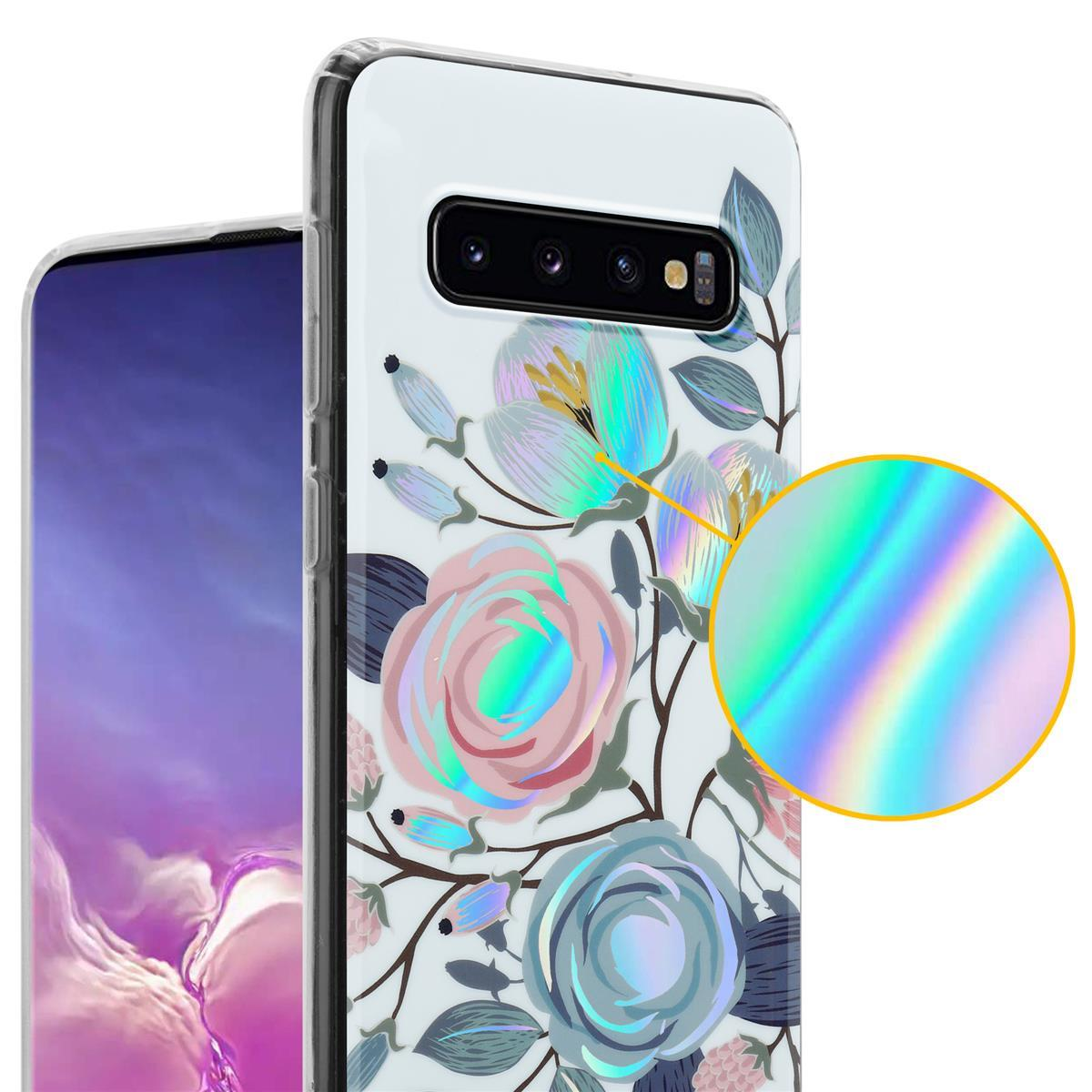 Custodia per telefono con design floreale e un telefono all'interno. I fiori hanno petali rosa, blu e bianchi.