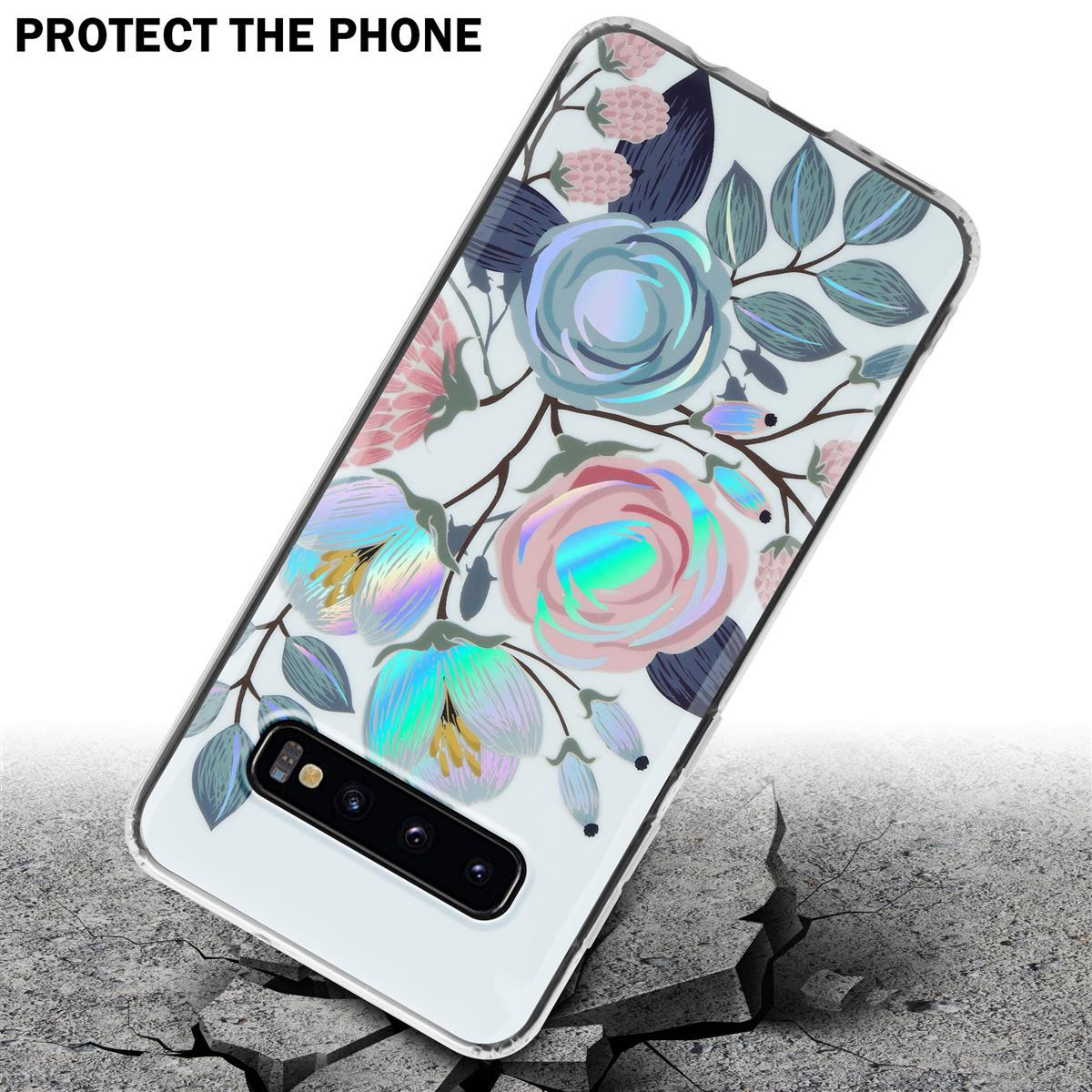 Custodia per telefono con un design floreale. La custodia è su una superficie incrinata con il testo Protect the Phone sopra.