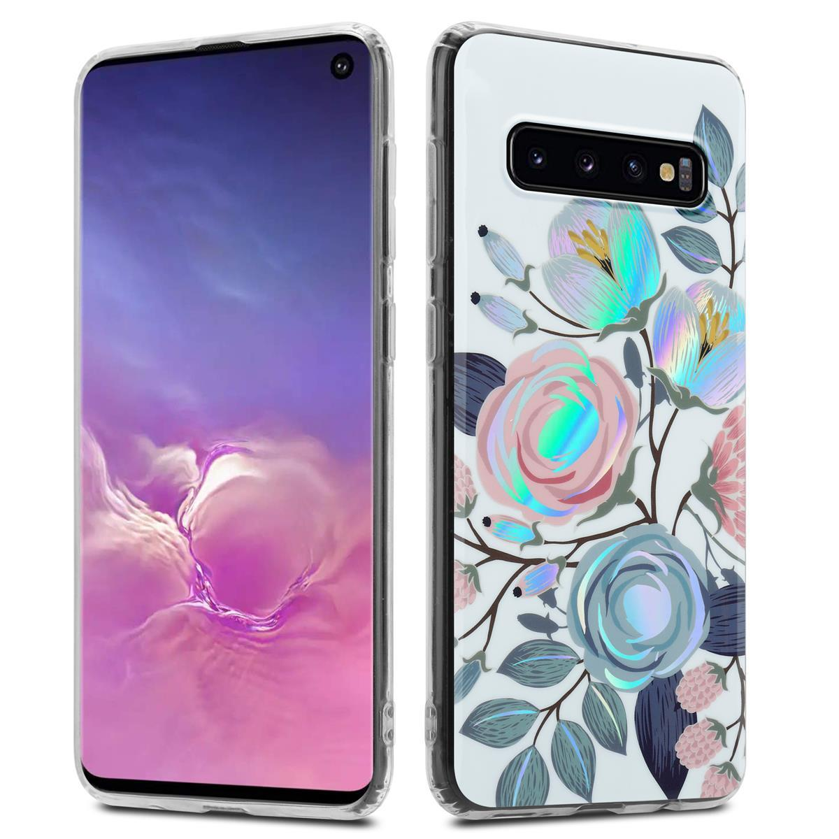 Due telefoni. Uno mostra uno schermo, l'altro un design floreale sul retro. Sfondo bianco.
