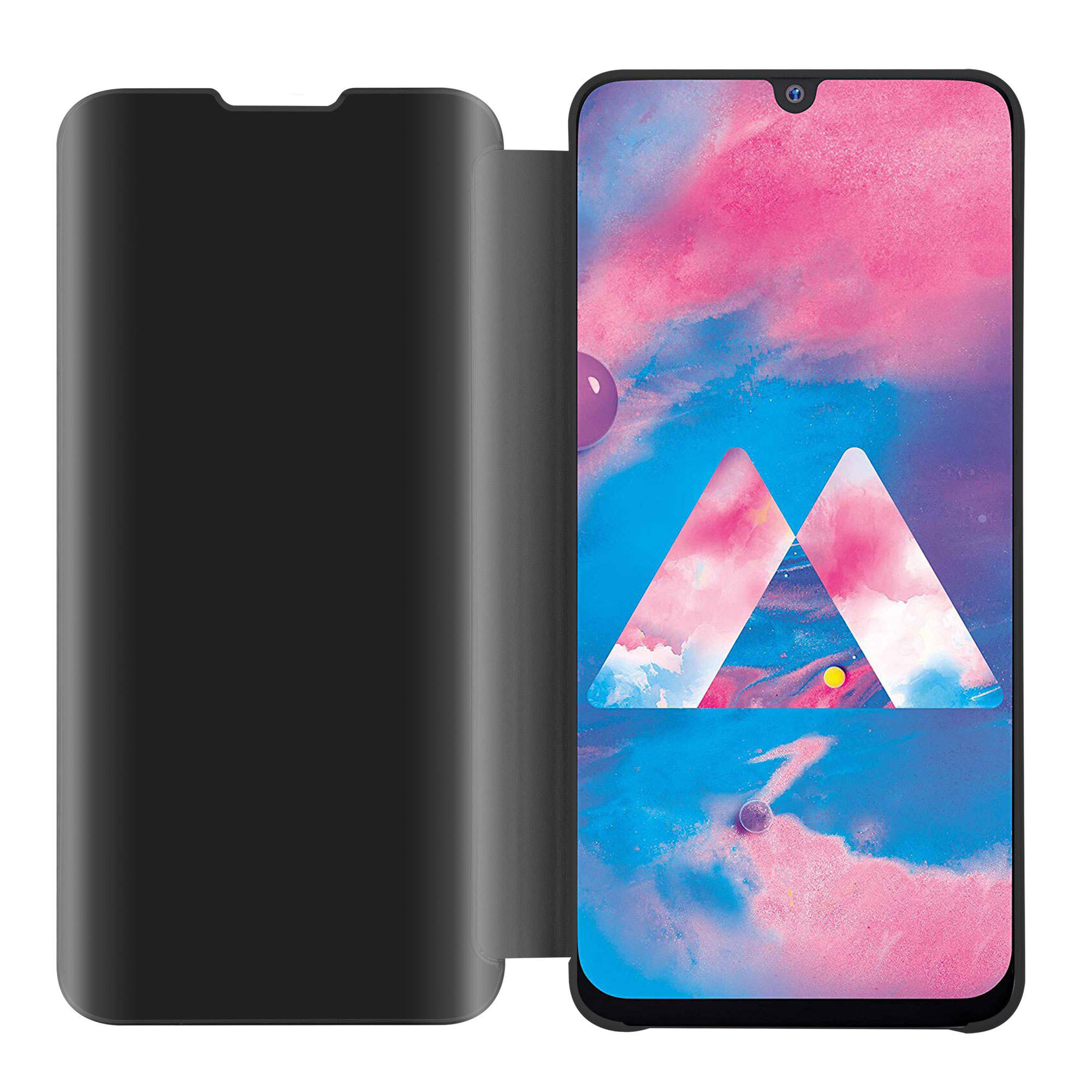 Un telefono nero con una cover aperta. Lo schermo ha triangoli bianchi e sfondo rosa.