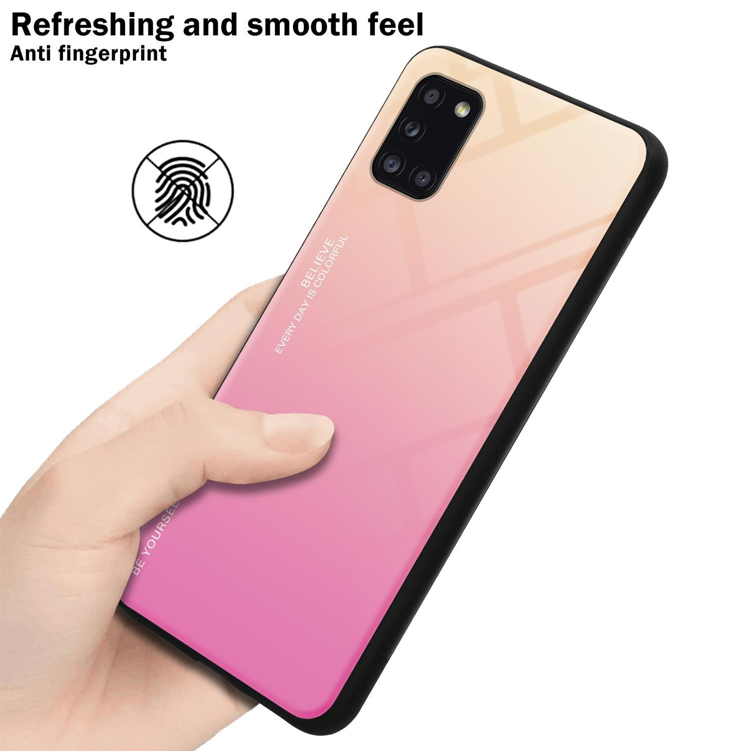 Hand hält ein Telefon mit Farbverlauf-Hülle. Text: Erfrischendes und glattes Gefühl. Anti-Fingerabdruck. Fingerabdruck-Symbol.