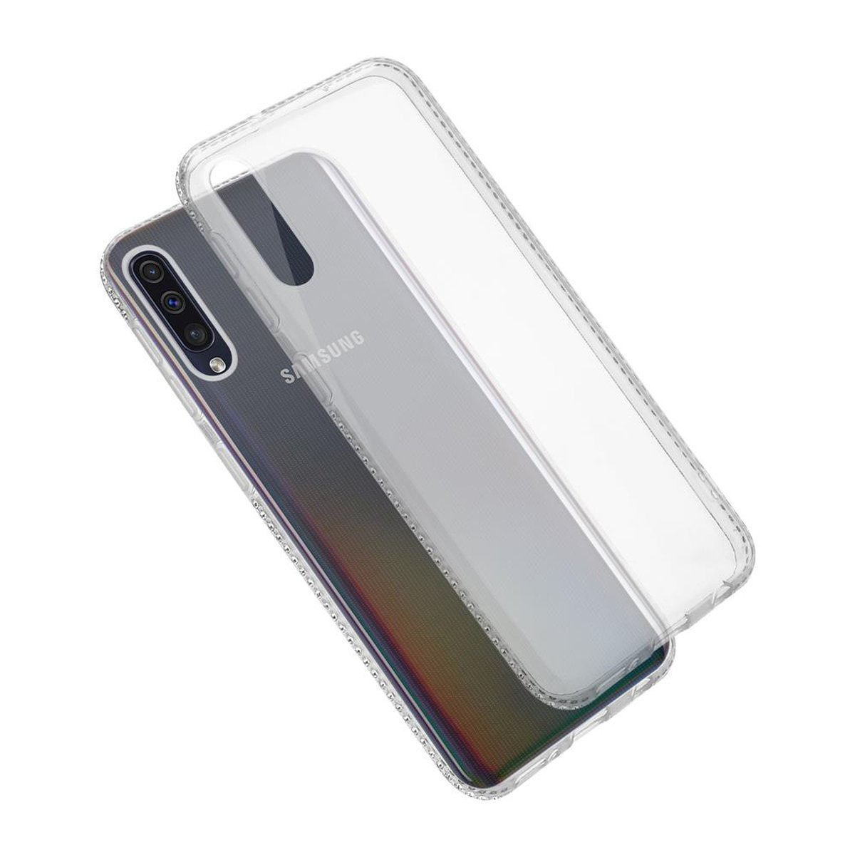 Una custodia trasparente è posta su un telefono, vista posteriore. Sfondo bianco.