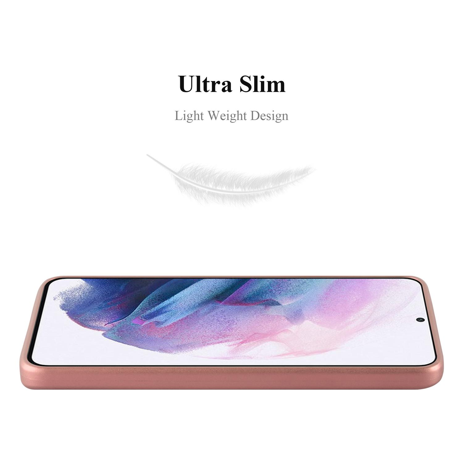 Roségoldene Handyhülle mit Telefon im Inneren auf weißem Hintergrund, Text: Ultra Slim, Light Weight Design.