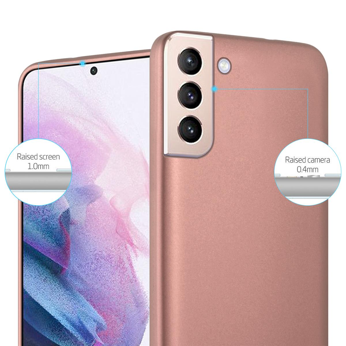 Nahaufnahme einer roségoldenen Handyhülle, die erhabenen Bildschirm und Kameradetails mit Messungen zeigt.