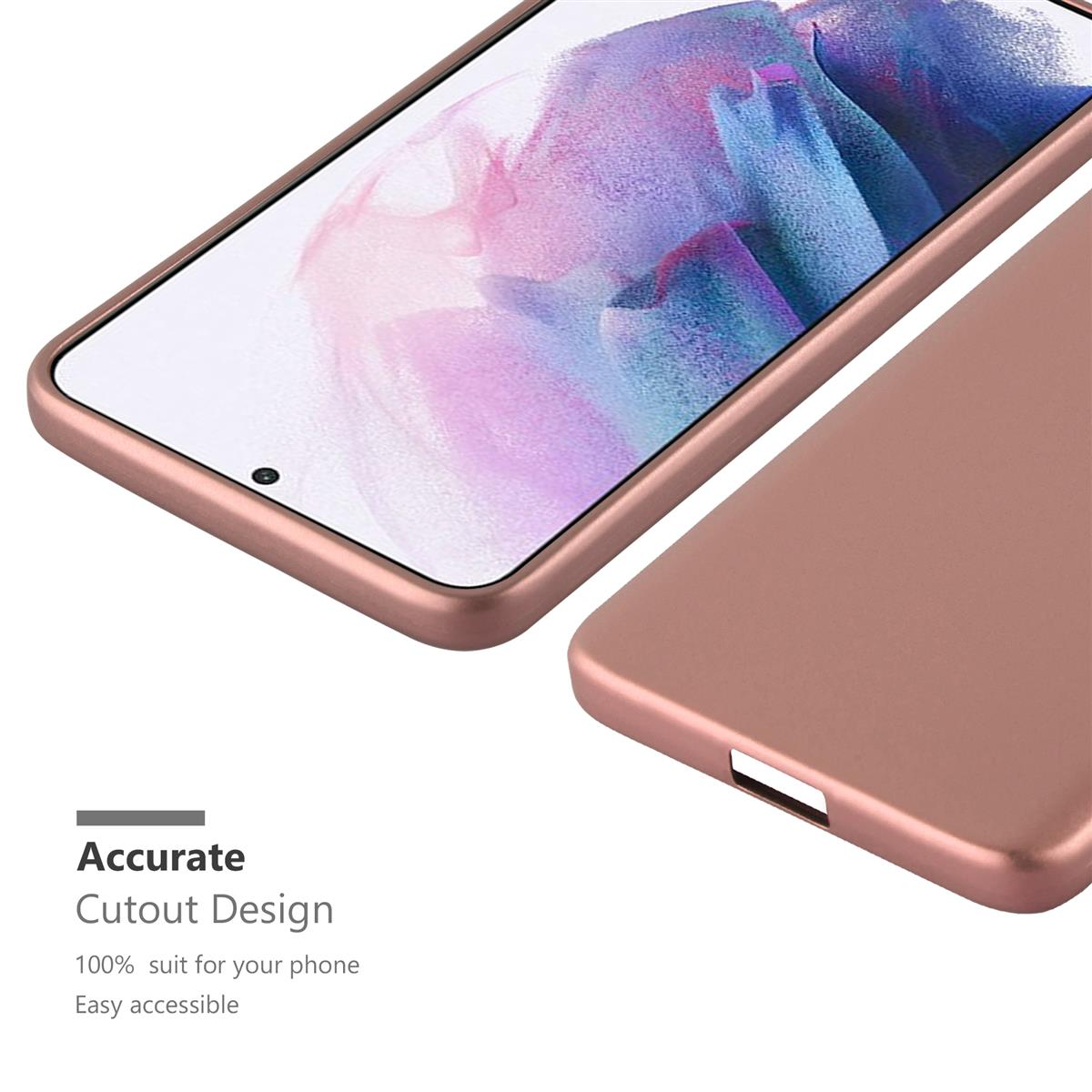 Roségoldenes Telefon und Hülle mit Text 'Präzises Ausschnittdesign'. Weißer Hintergrund.