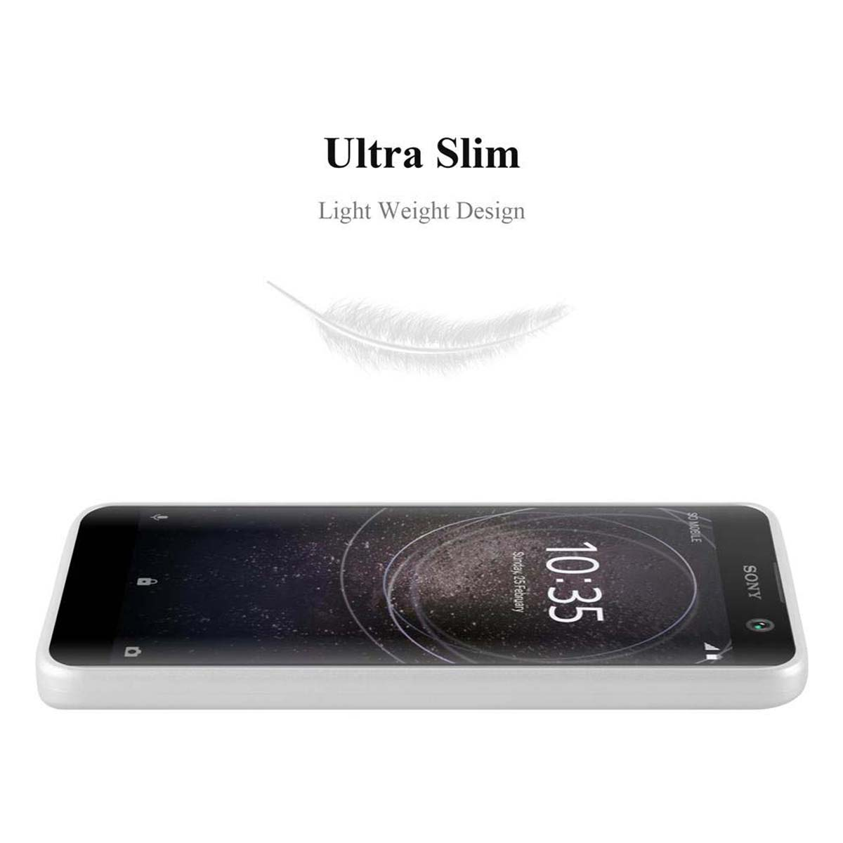 Un telefono bianco su una superficie bianca con scritto Ultra Slim e Light Weight Design.