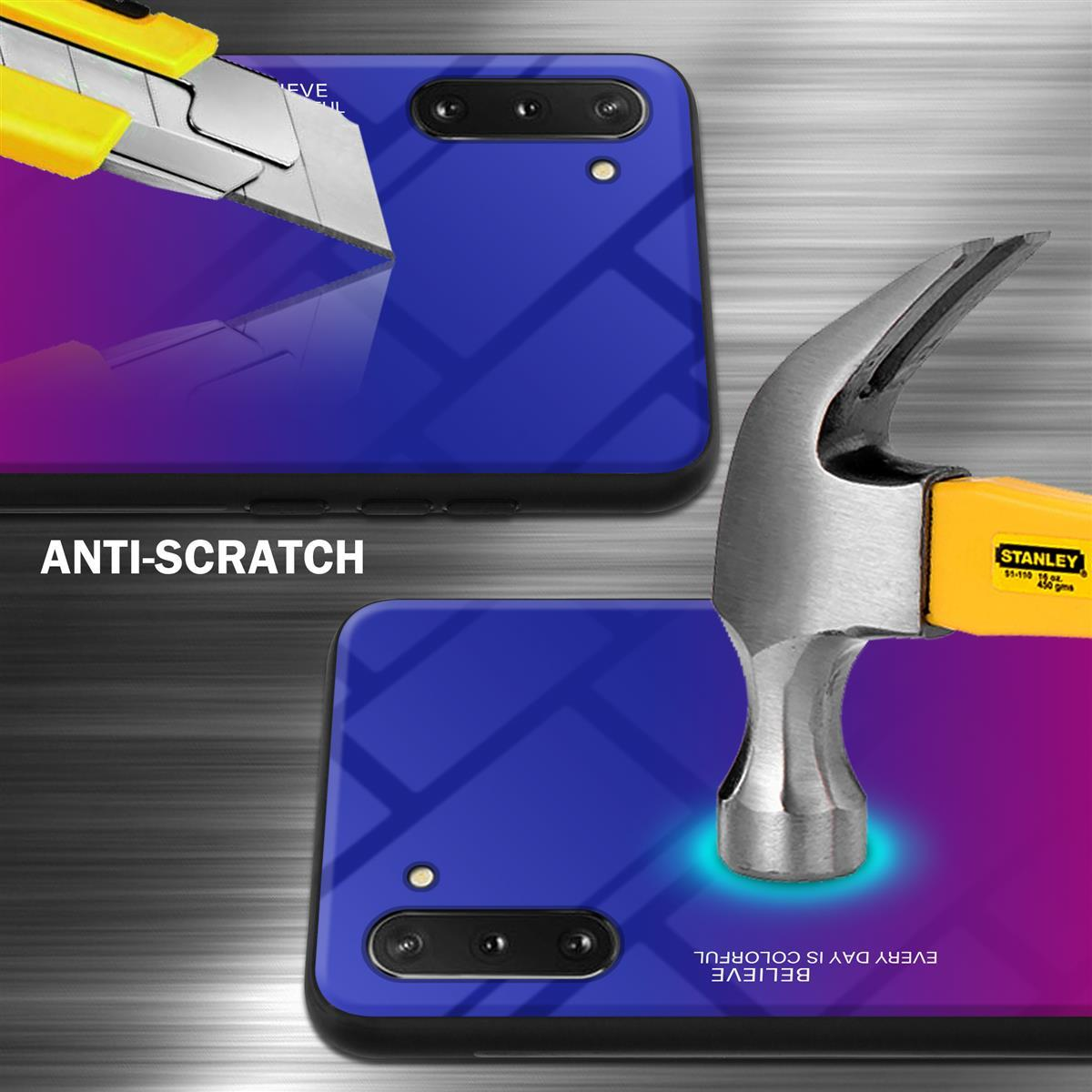 Custodia per telefono con sfumatura blu e viola e un martello che colpisce lo schermo.