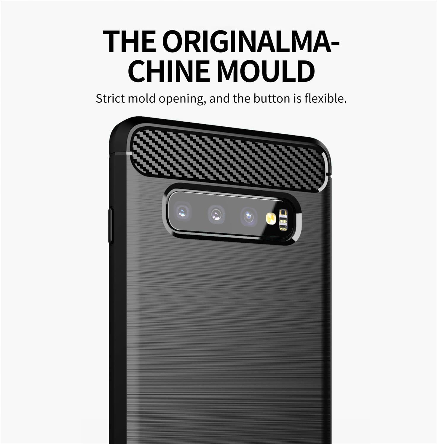 Custodia per telefono nera con parte superiore a fantasia. Testo: Lo stampo originale della macchina. Apertura rigorosa dello stampo.