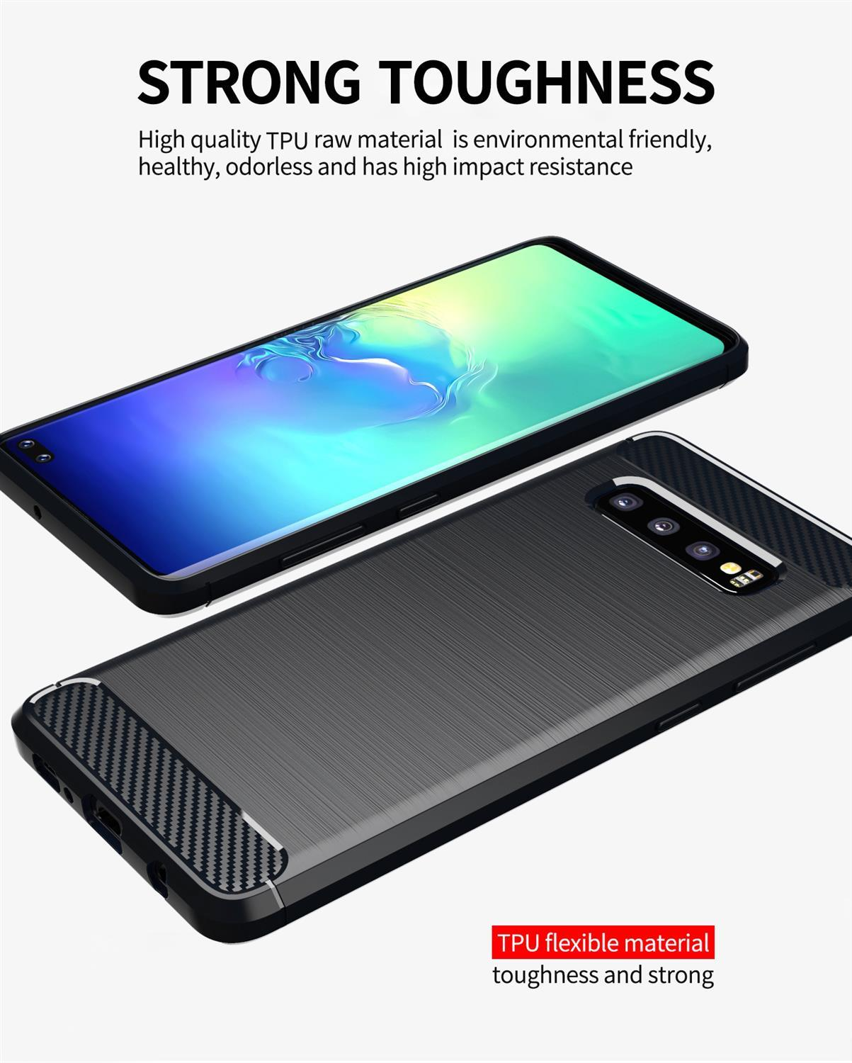 CADORABO TPU Ultra Slim Carbon Backcover, Hülle, BRUSHED SCHWARZ S10 PLUS, Galaxy Samsung