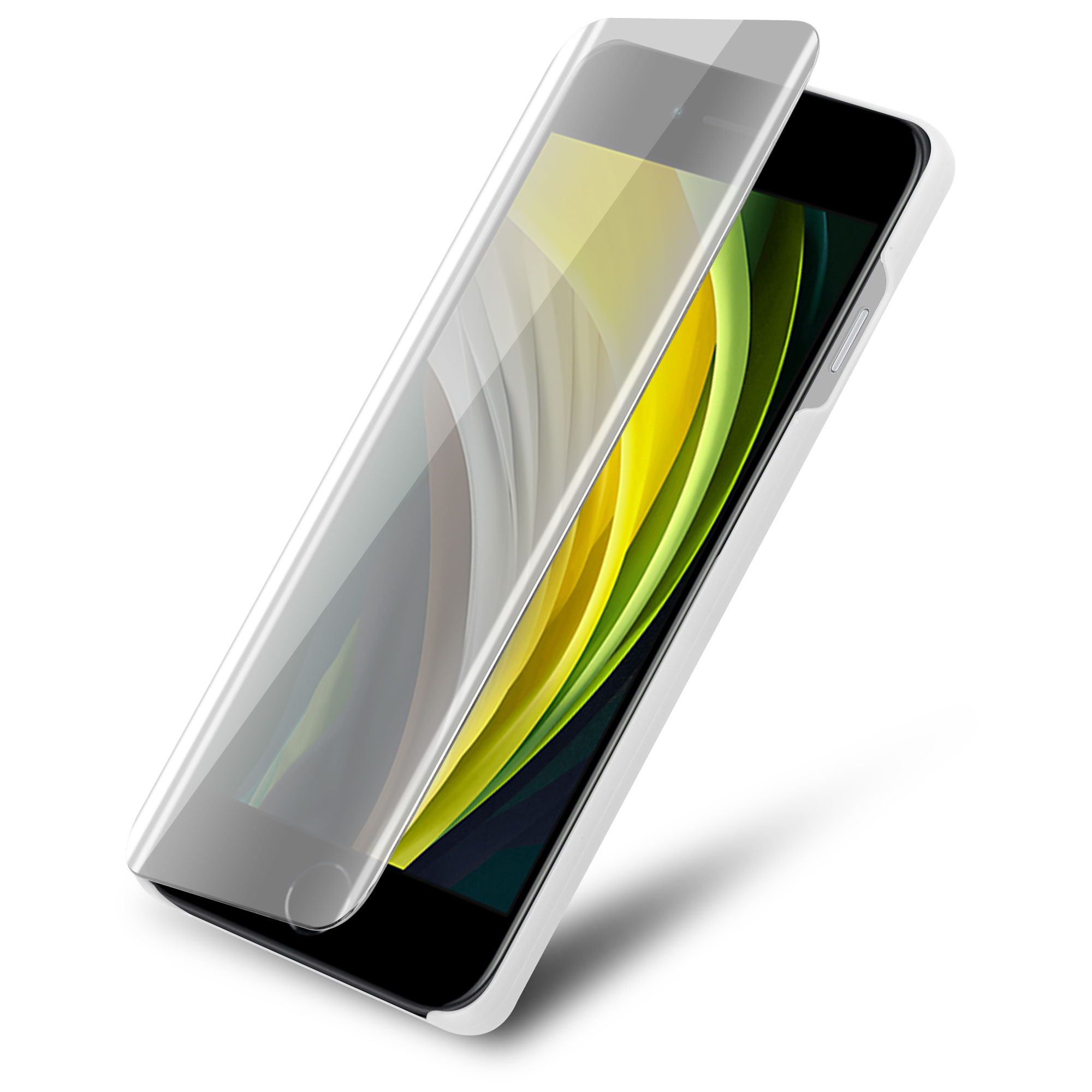 Telefono all'interno di una custodia bianca con una protezione per lo schermo trasparente. Sfondo giallo e verde. Telefono in aria.