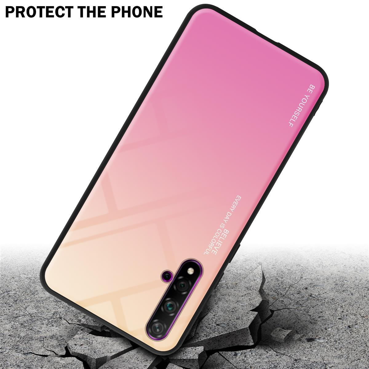 Custodia per telefono con un gradiente rosa e giallo. La custodia è su una superficie incrinata.