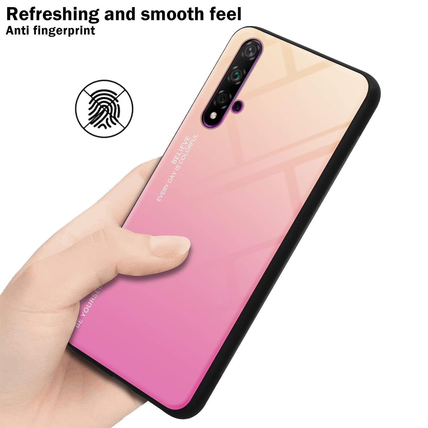 Mano che tiene una custodia per telefono. Sfumatura rosa e gialla. Cornice nera. Icona impronta digitale. Sfondo bianco.