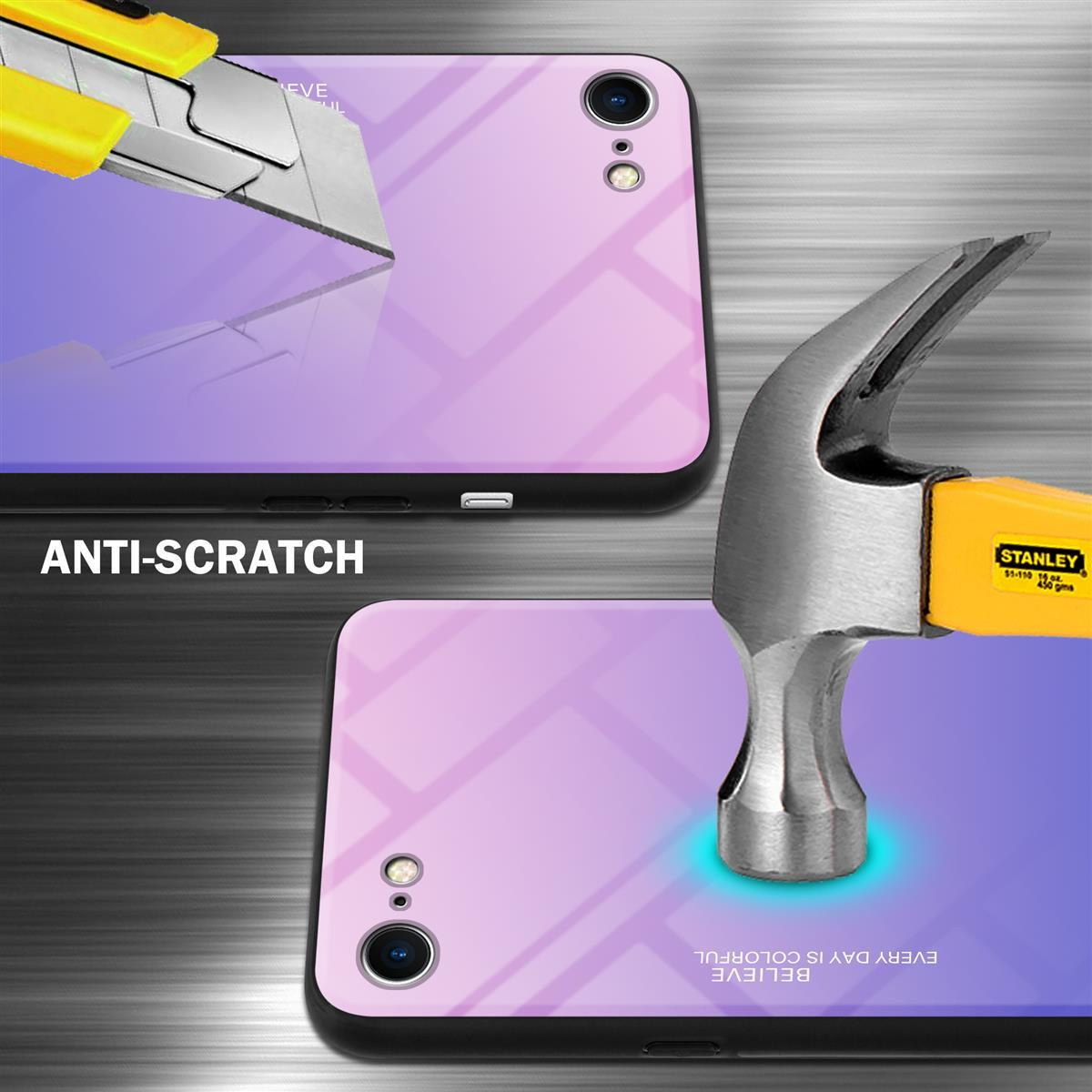 Handyhülle mit rosa-violettem Farbverlauf und Hammer, der auf den Bildschirm schlägt.
