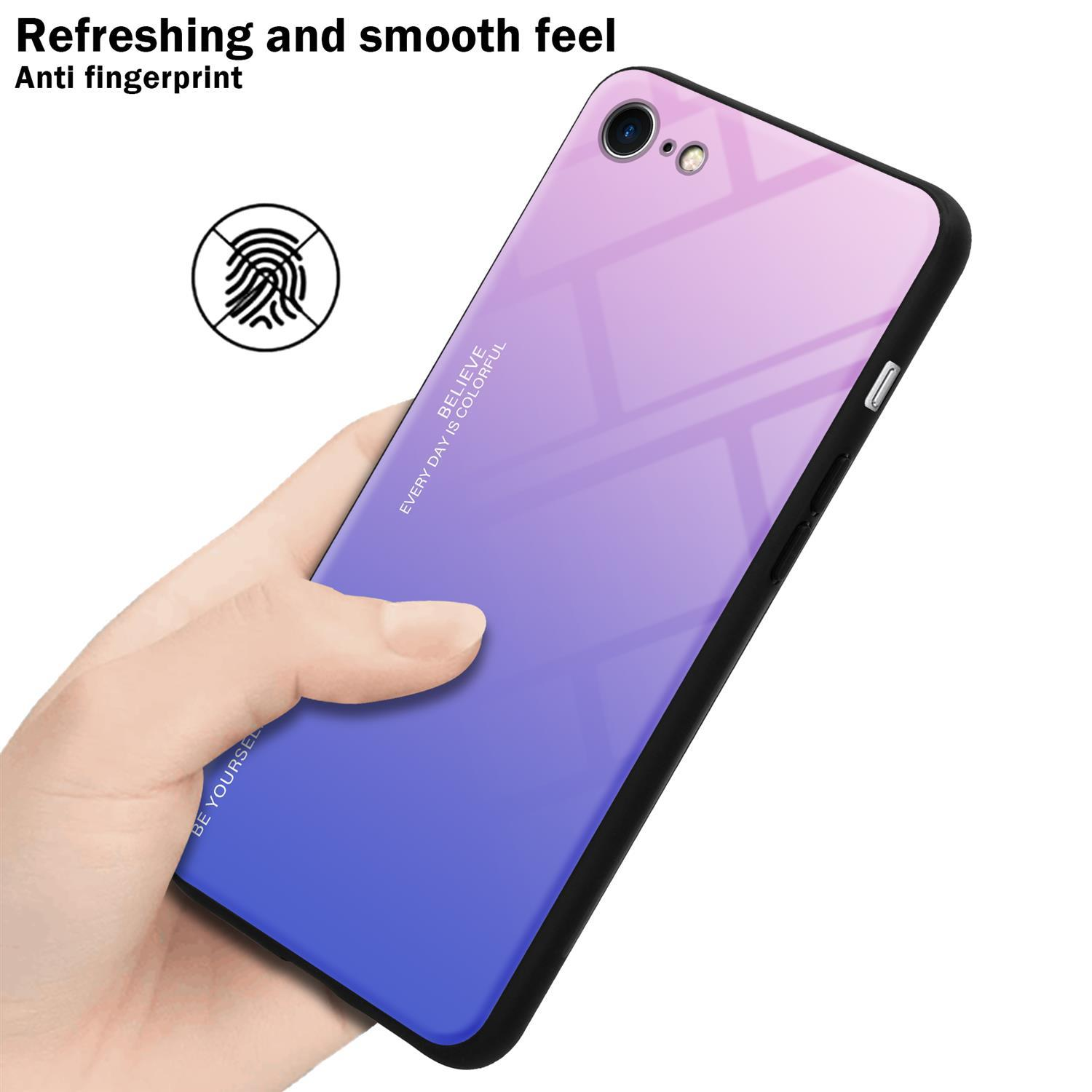 Eine Hand, die ein Telefon mit Farbverlauf-Design hält, mit einem Fingerabdrucksymbol.