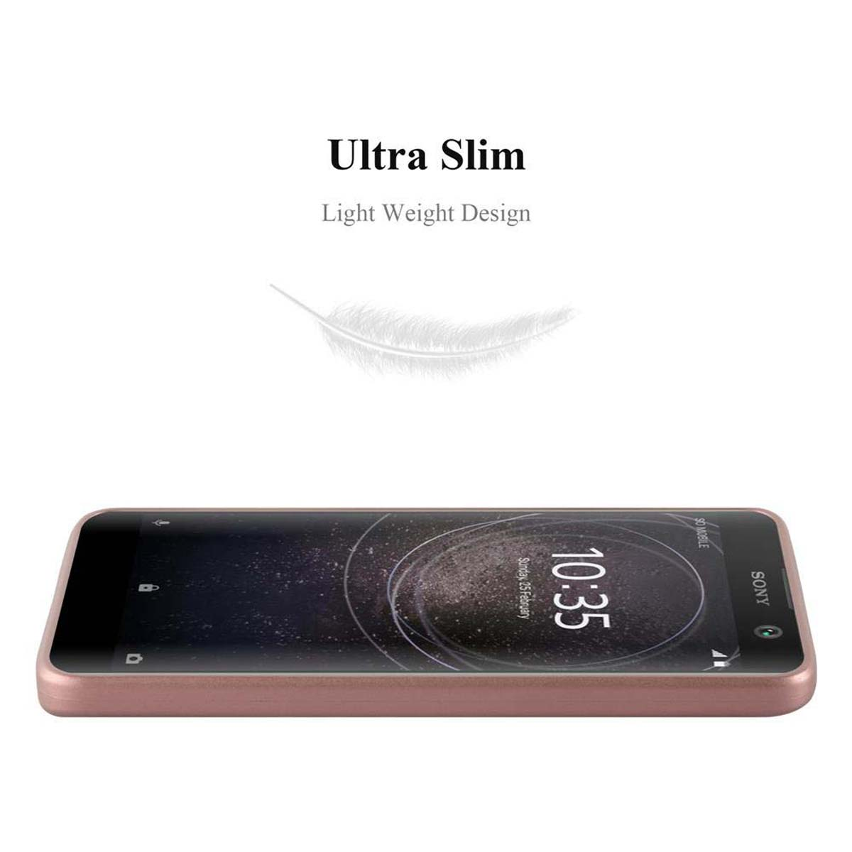 Telefono nero su sfondo bianco. Lo schermo mostra l'ora. Grafica a piuma. Testo: 'Ultra Slim, Light Weight Design'.