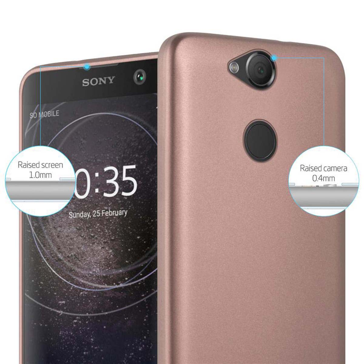 Telefono con custodia, la custodia ha schermo e fotocamera rialzati. La custodia è rosa.
