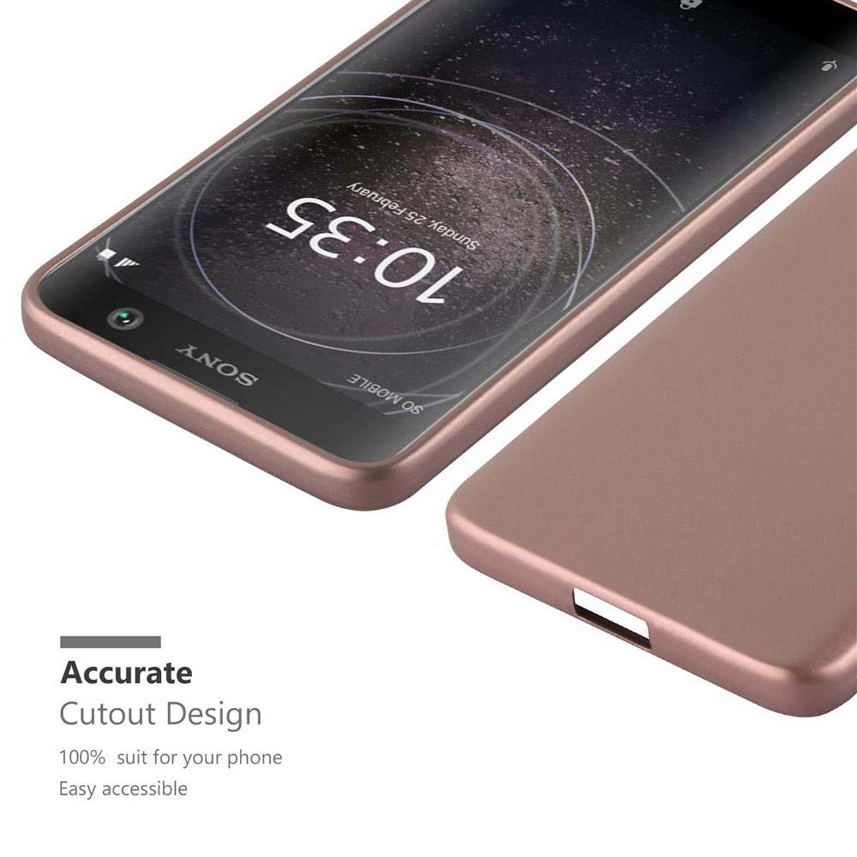 Un telefono e una custodia per telefono in oro rosa. Il telefono mostra un orologio sullo schermo.