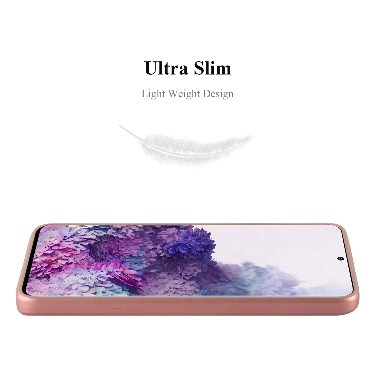 Telefono oro rosa con custodia. La custodia del telefono mostra un'immagine.