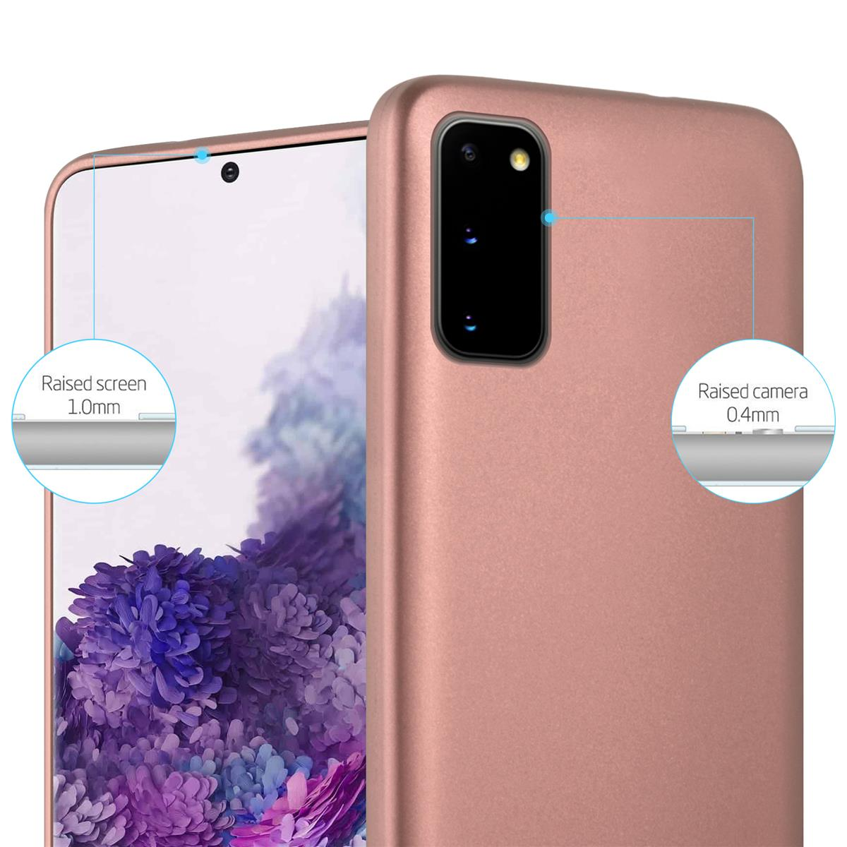 Una custodia per telefono rosa con misure dello schermo e della fotocamera rialzati. È di colore rosa.