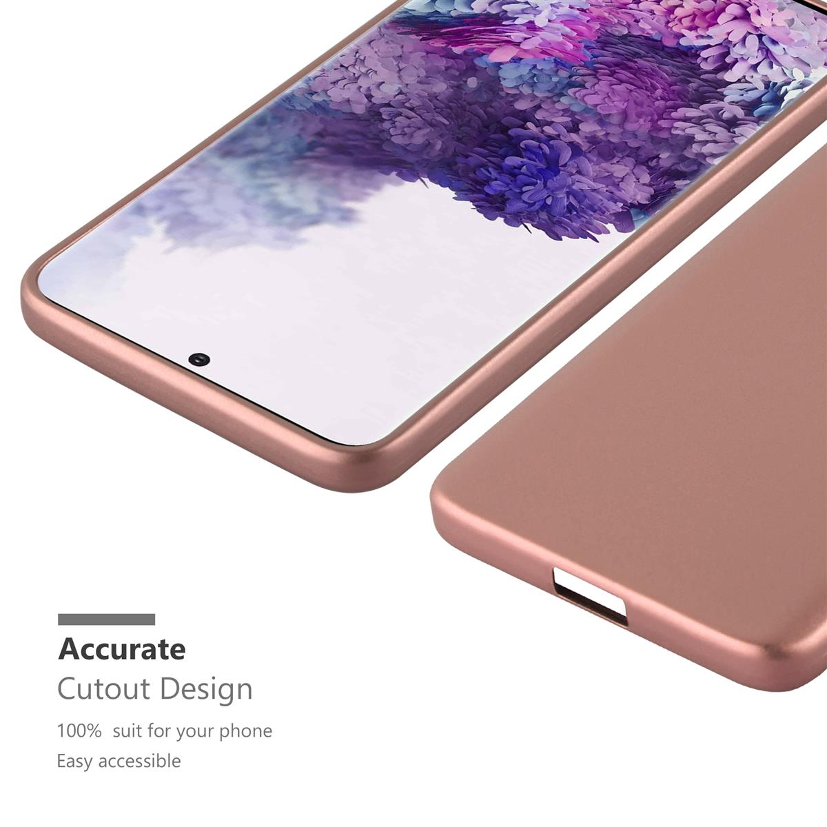 Telefono oro rosa con custodia, primo piano del design del telefono e della custodia.