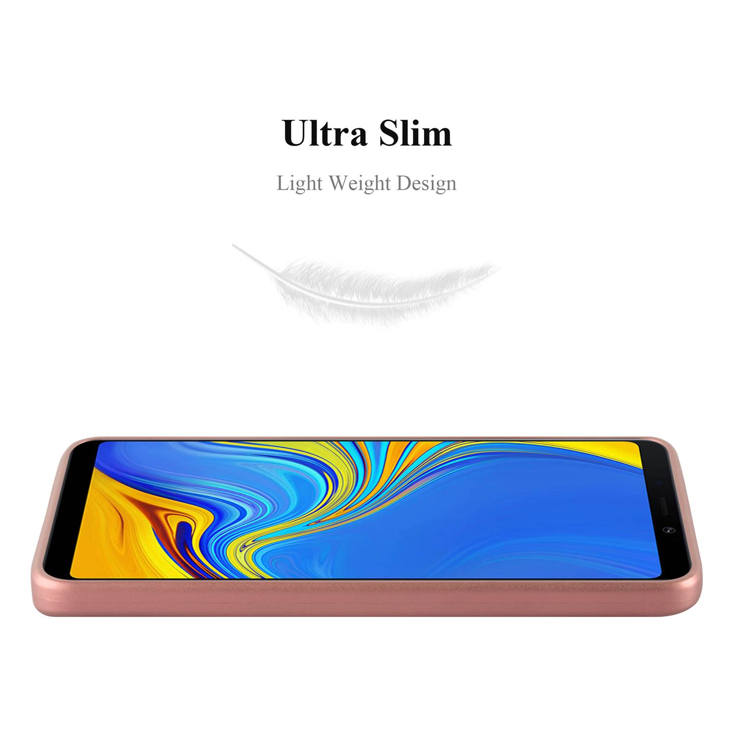 Eine roségoldene Handyhülle mit einem Telefon darin. Das Telefon befindet sich unten, und eine Feder ist darüber.