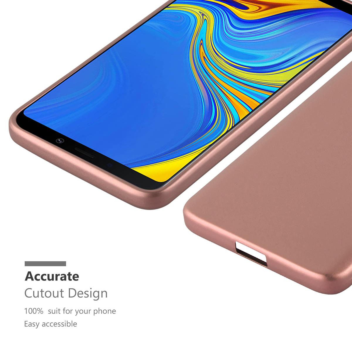 Ein Telefon und eine roségoldene Handyhülle. Das Telefon hat einen blauen Bildschirm.