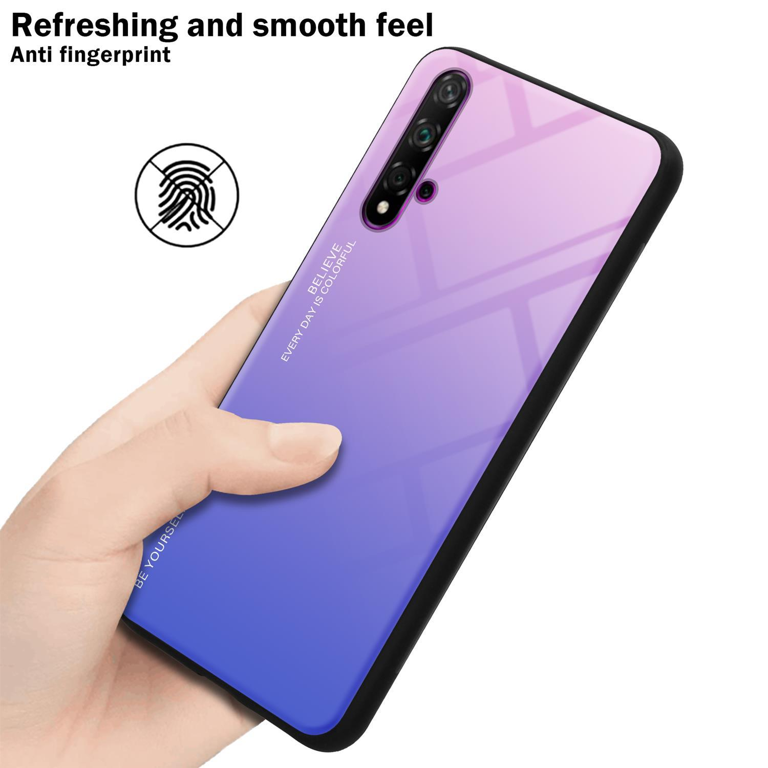 Hand, die ein Telefon hält. Farbverlauf Gehäuse. Text: Erfrischendes und geschmeidiges Gefühl.