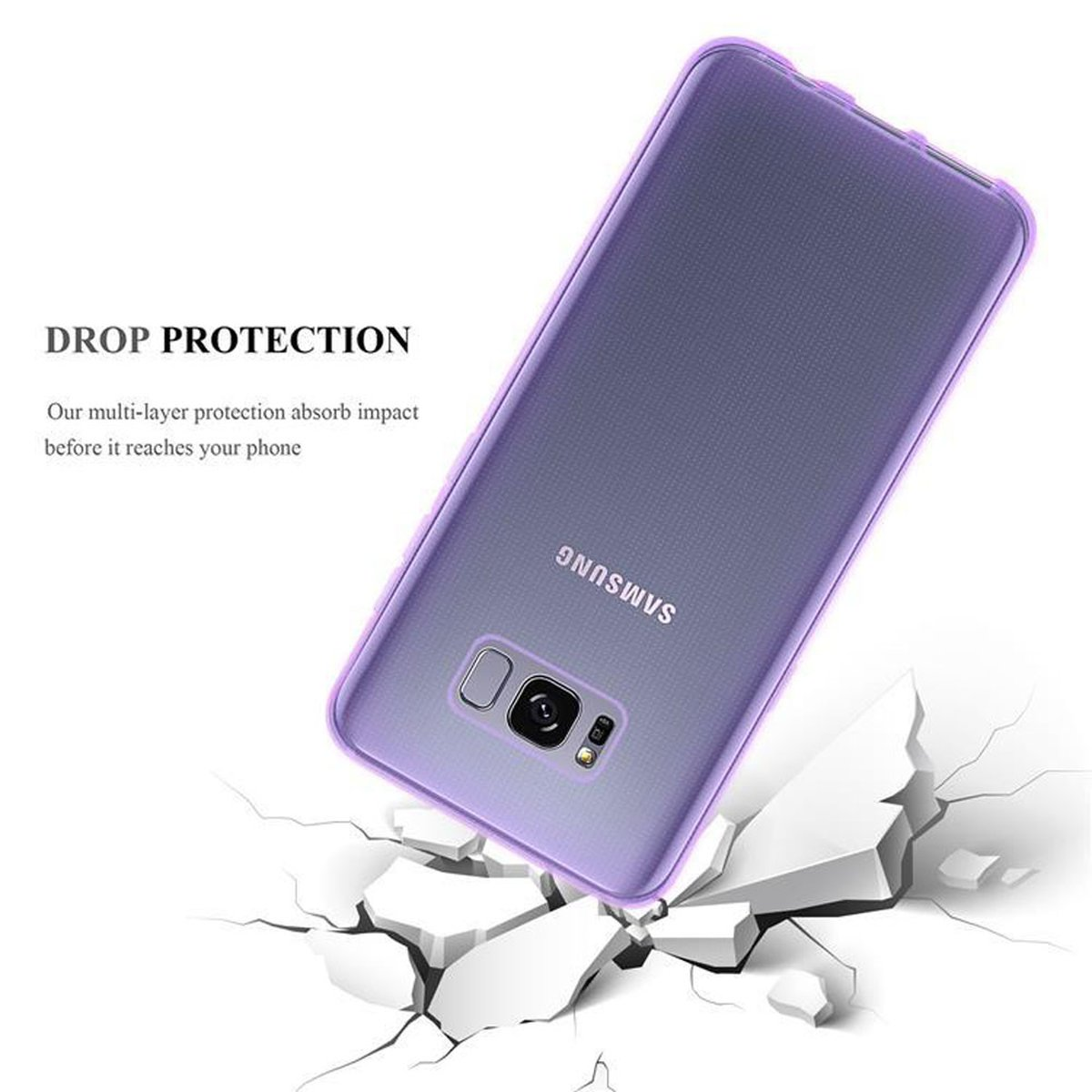 Custodia viola per telefono con un telefono. Testo: Protezione dalle cadute.