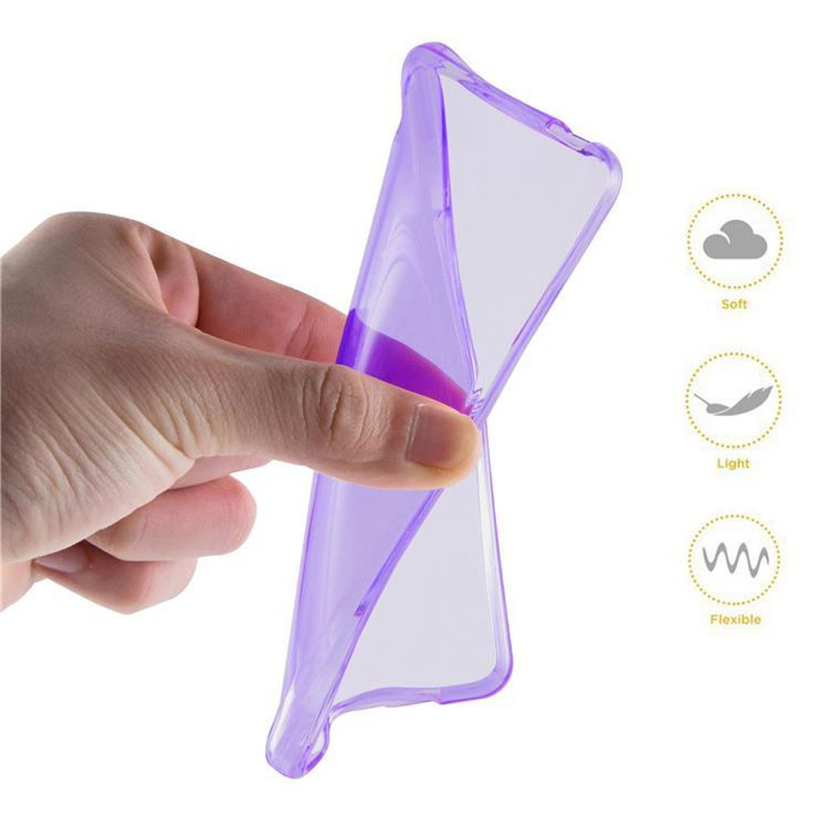 Mano che tiene una custodia viola. Icone morbide, leggere e flessibili a destra.