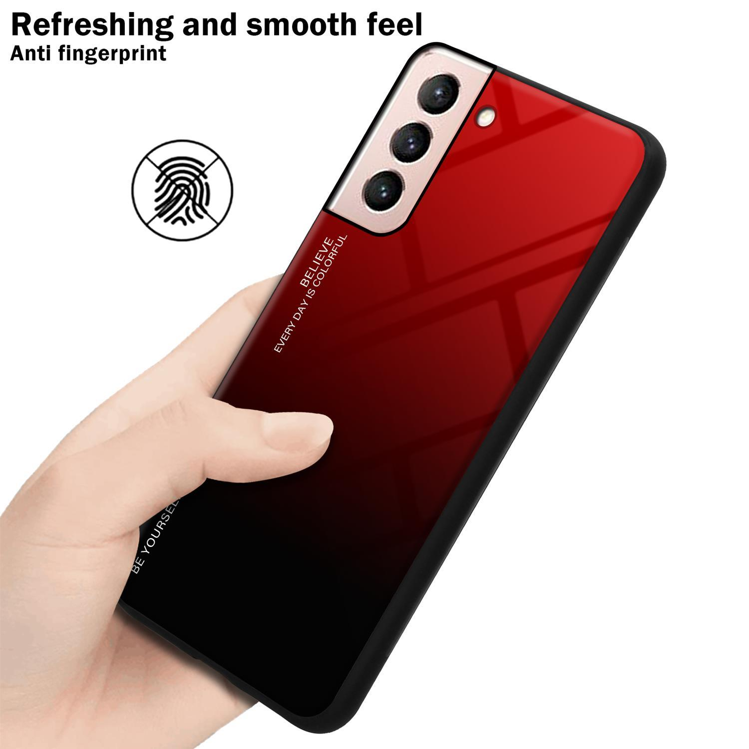 Mano che tiene un telefono con un retro sfumato rosso-nero. Il telefono ha un'icona di impronta digitale.