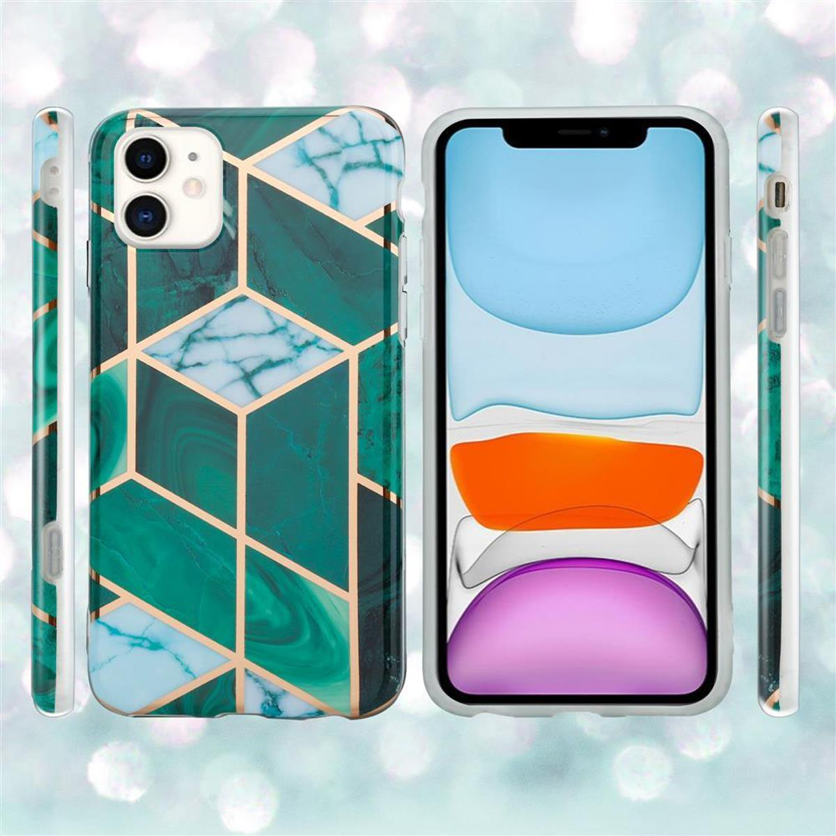 Vista laterale delle custodie per telefoni. Il telefono è in una custodia con un design geometrico verde e oro. Sfondo bianco.